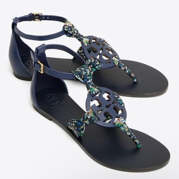 Tory Burch Miller Scarf Sandals Leather Size 9 Royal Navy Blue Floral Satin Logo - Picture 1 of 12